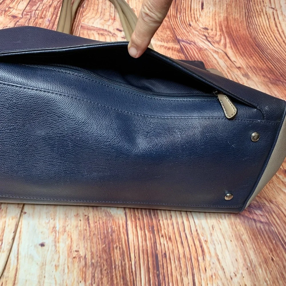 Tumi Pavia Satchel Bag Two Tone Navy Taupe Travel Laptop Tote. Embossed